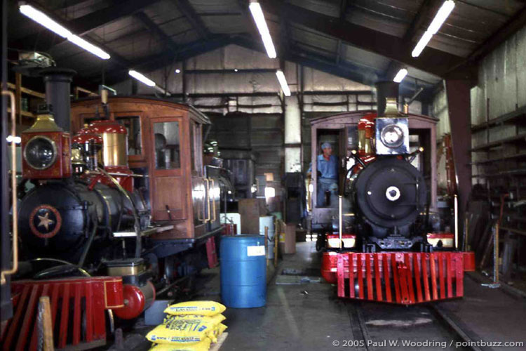 View of inside of engine house in the Summer of '94.  To the left are Maude L. in front and a barely visible Albert.  To the right, #5, still 'Jack Foster', was in the shop for a minor repair.  Copyright 2005, Paul W. Woodring